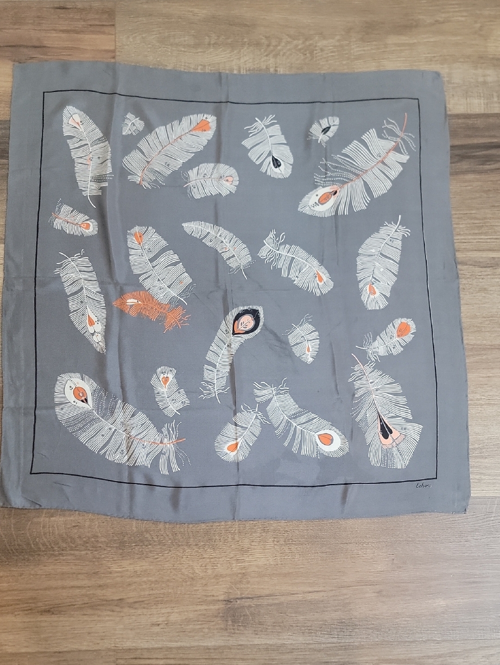 Echo Silk Feather Print Square Scarf in Gray and Peach 31"X31"